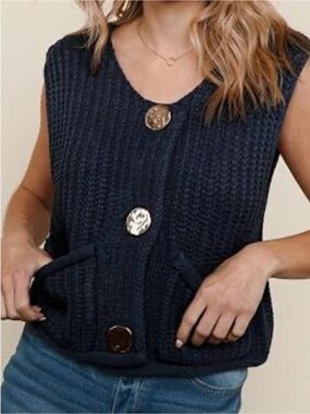 Sleeveless Knit Button-Front Vest Sweater in Navy